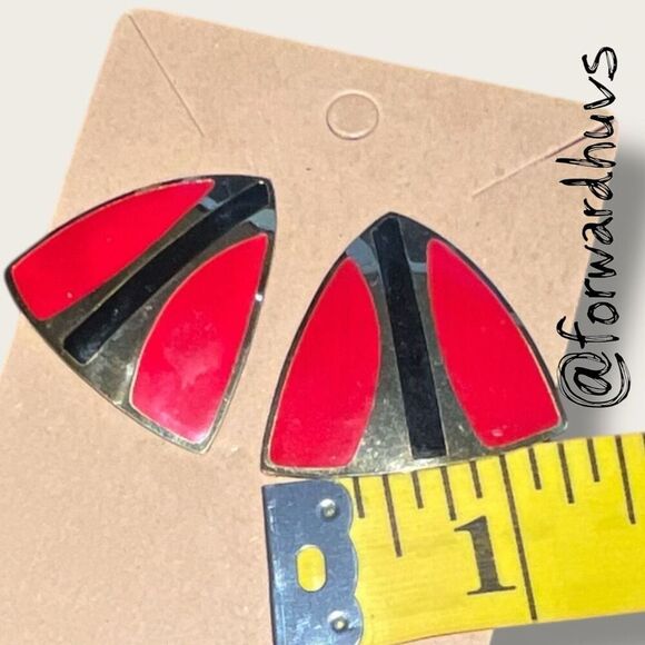 Bundle Sale 3 for $15 | Vintage 1980s Red, Black & Gold Tone Geometric Earrings - Picture 7 of 8